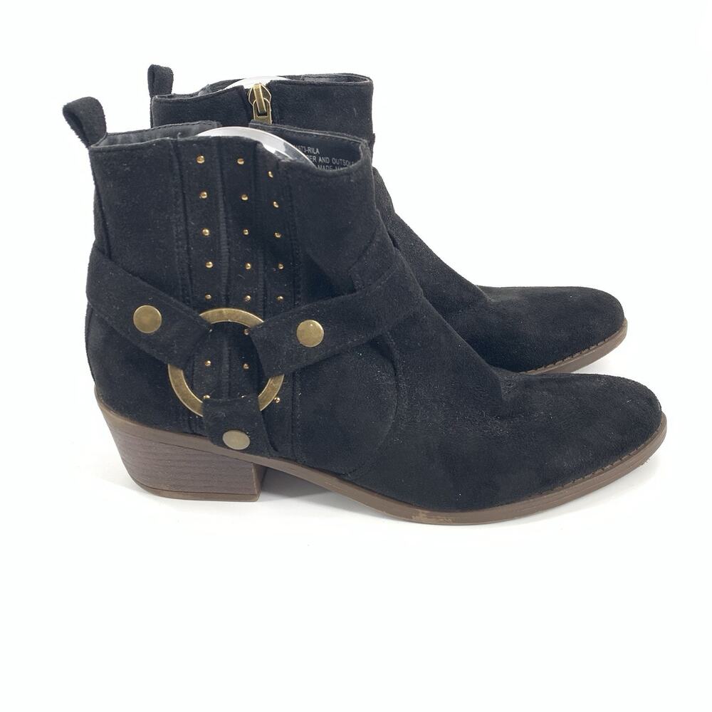 Maurices Rila Faux Suede Harness Ankle Boots 9 Womens Black Studded Low Booties